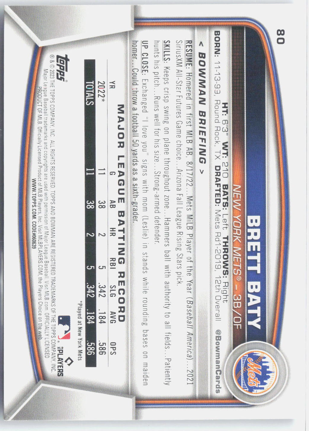 2023 Bowman #80 Brett Baty