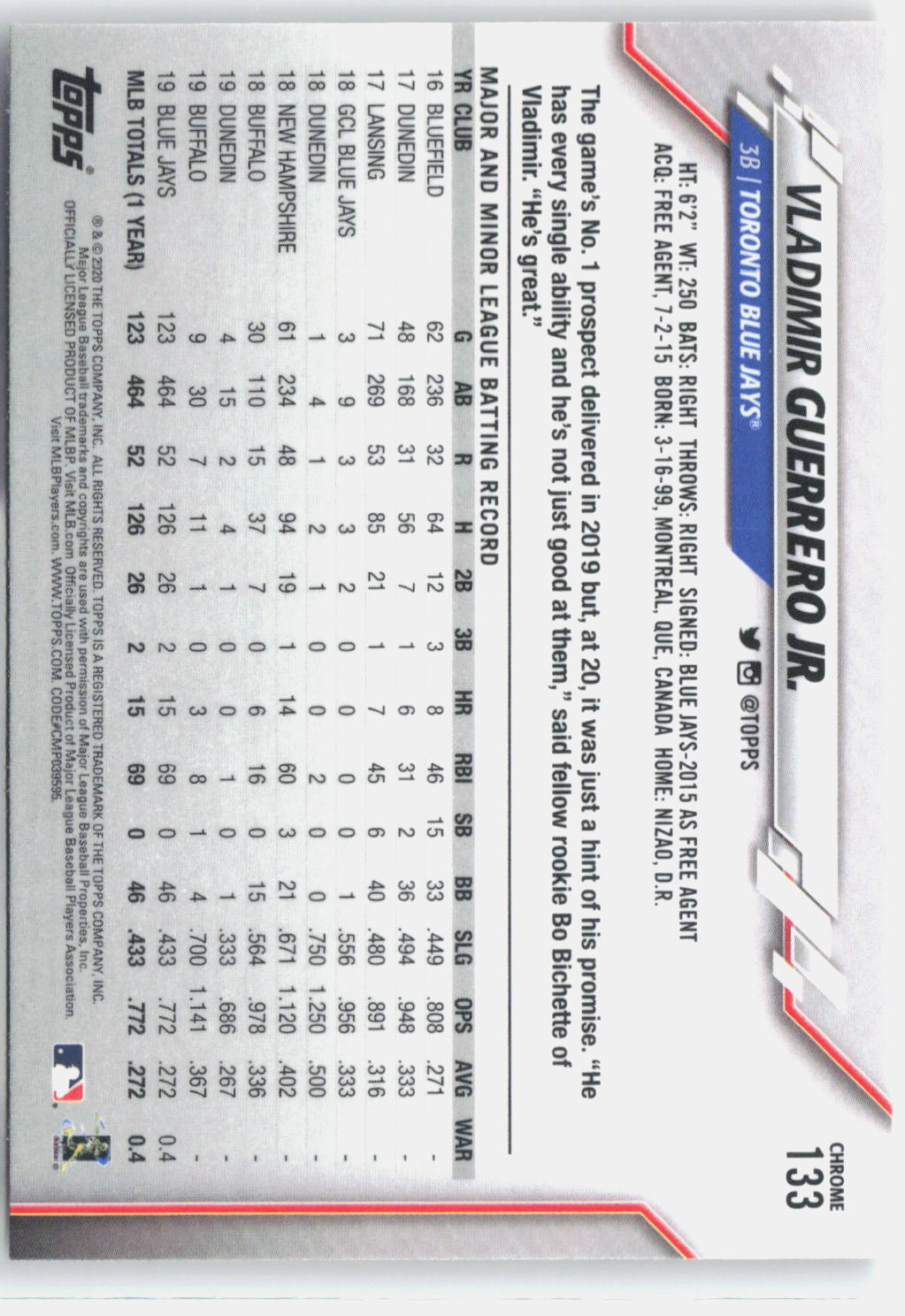 2020 Topps Chrome #133 Vladimir Guerrero Jr.