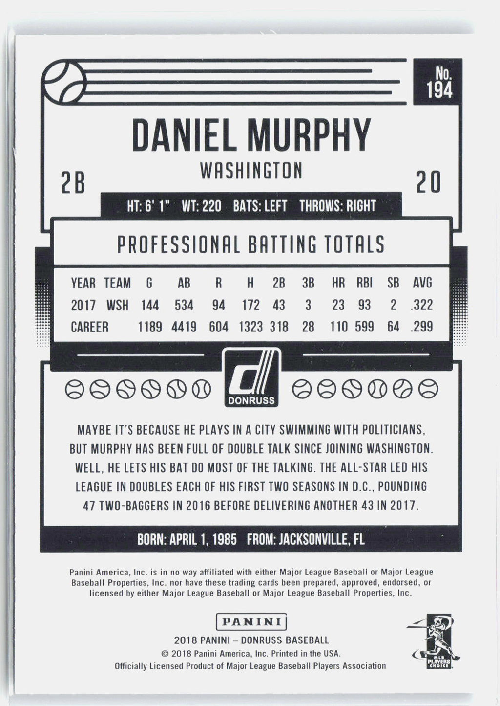 2018 Donruss #194 Daniel Murphy Career Stat Line #/299