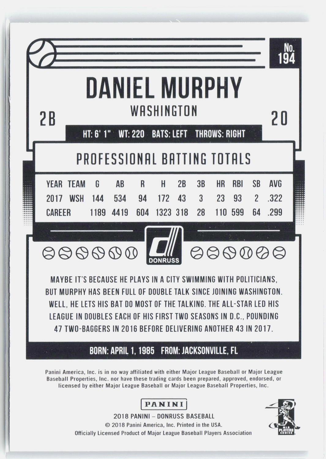2018 Donruss #194 Daniel Murphy Career Stat Line #/299