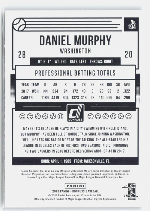 2018 Donruss #194 Daniel Murphy Career Stat Line #/299