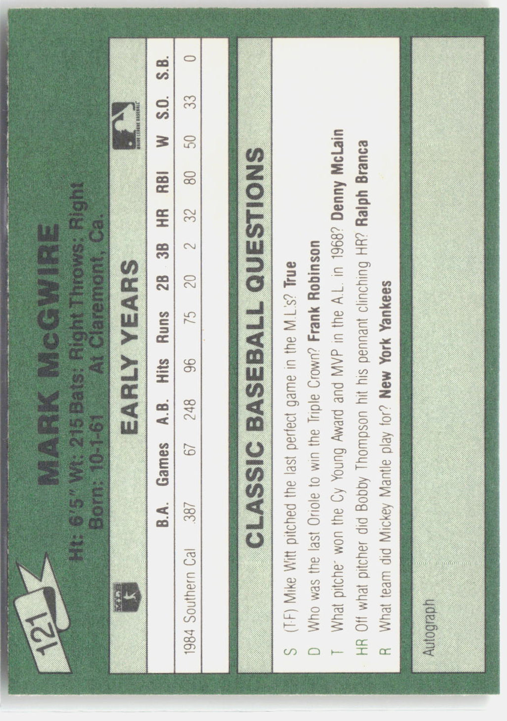1987 Classic Update Yellow #121 Mark McGwire