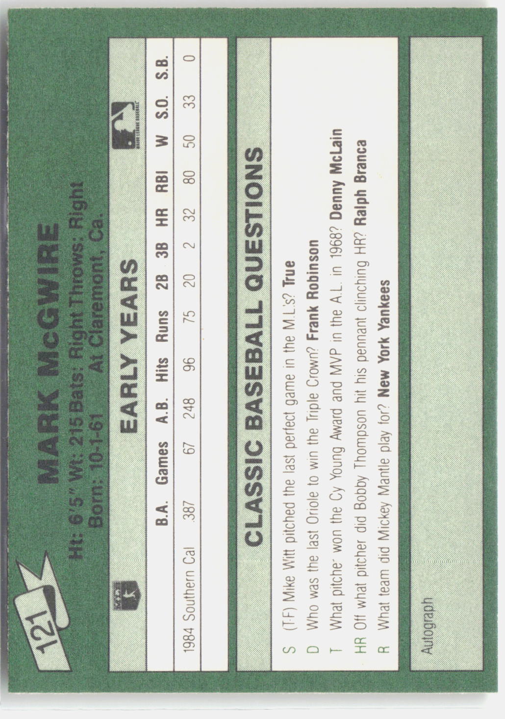 1987 Classic Update Yellow #121 Mark McGwire