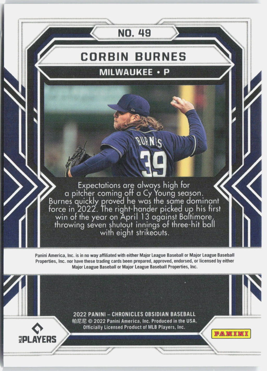 2022 Panini Chronicles #49 Corbin Burnes Obsidian