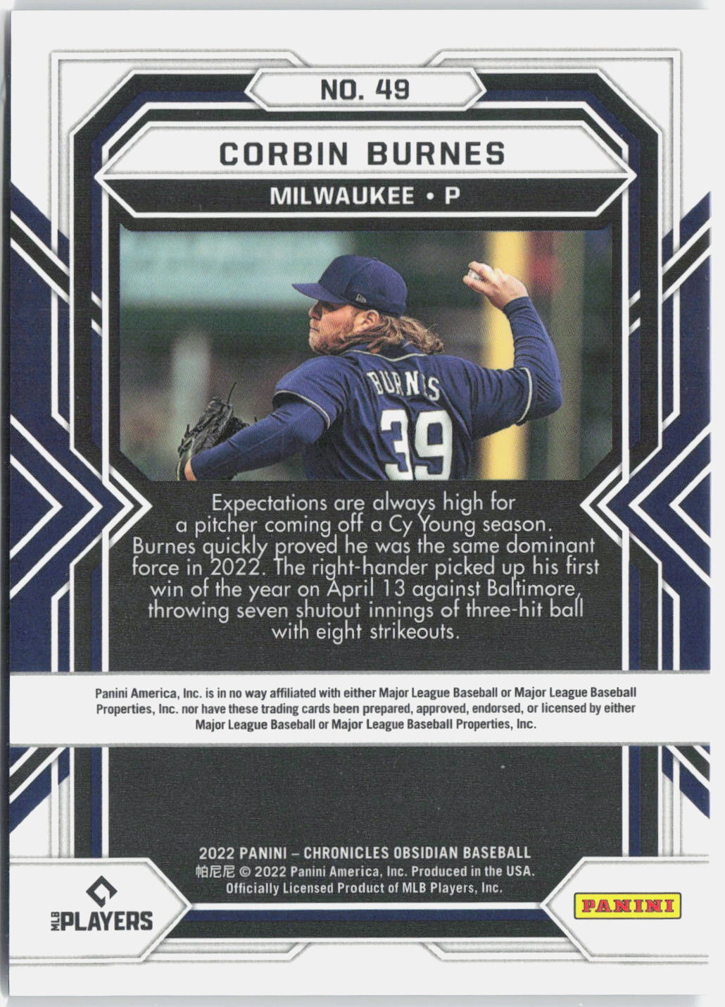 2022 Panini Chronicles #49 Corbin Burnes Obsidian