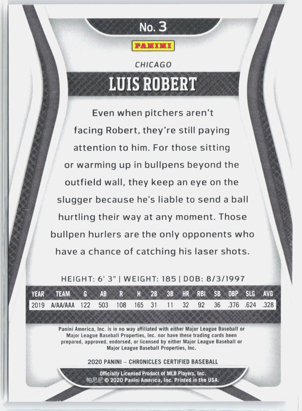 2020 Panini Chronicles #3 Luis Robert Certified