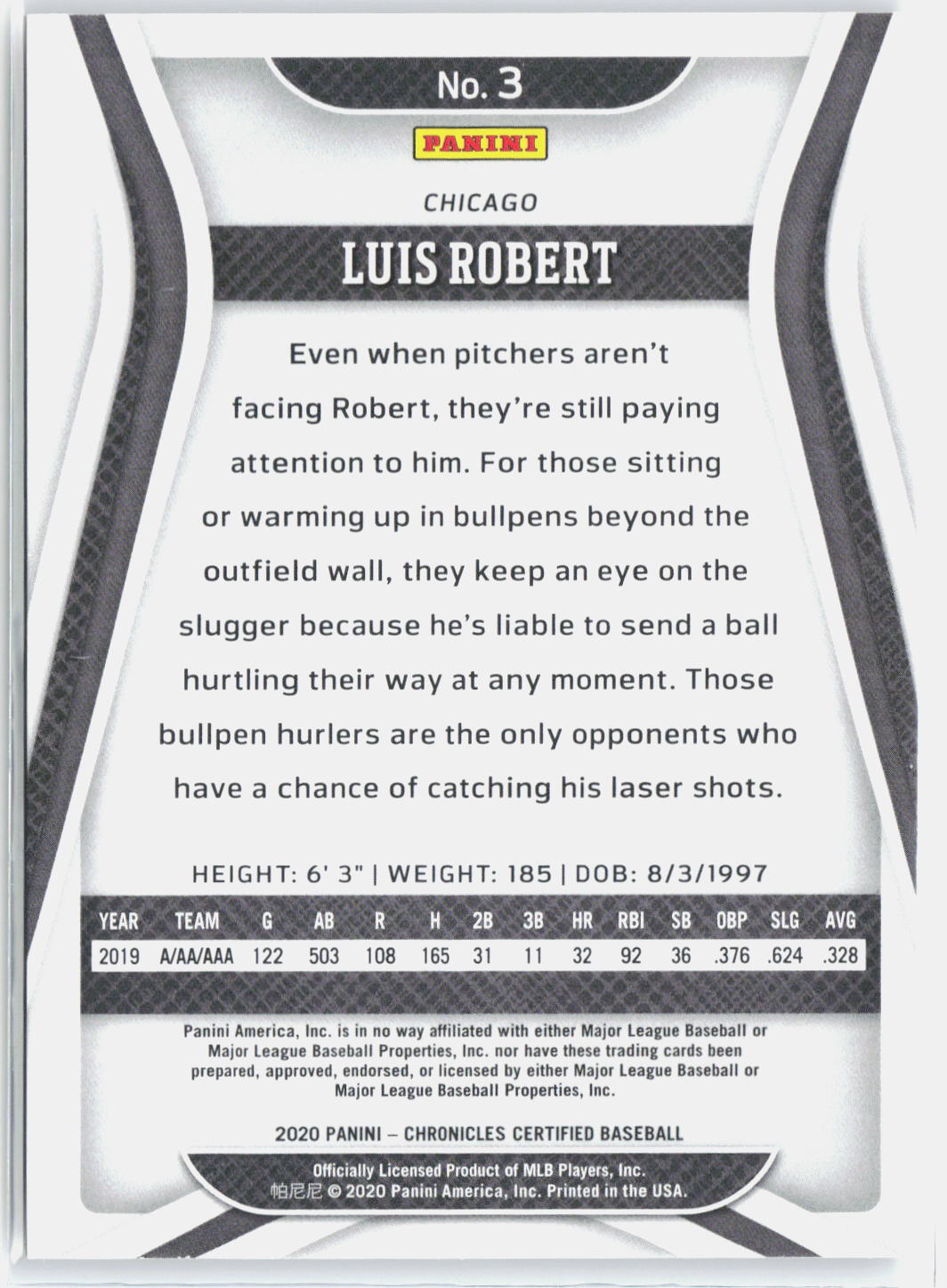 2020 Panini Chronicles #3 Luis Robert Certified
