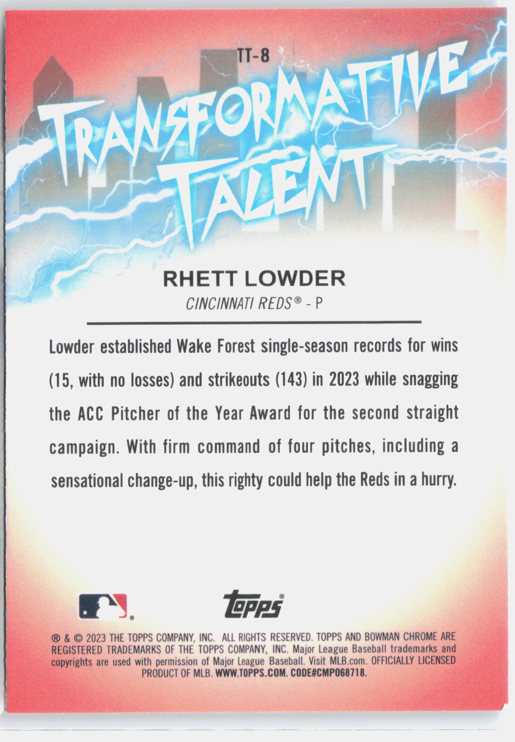 2023 Bowman Draft #TT-8 Rhett Lowder Transformative Talent