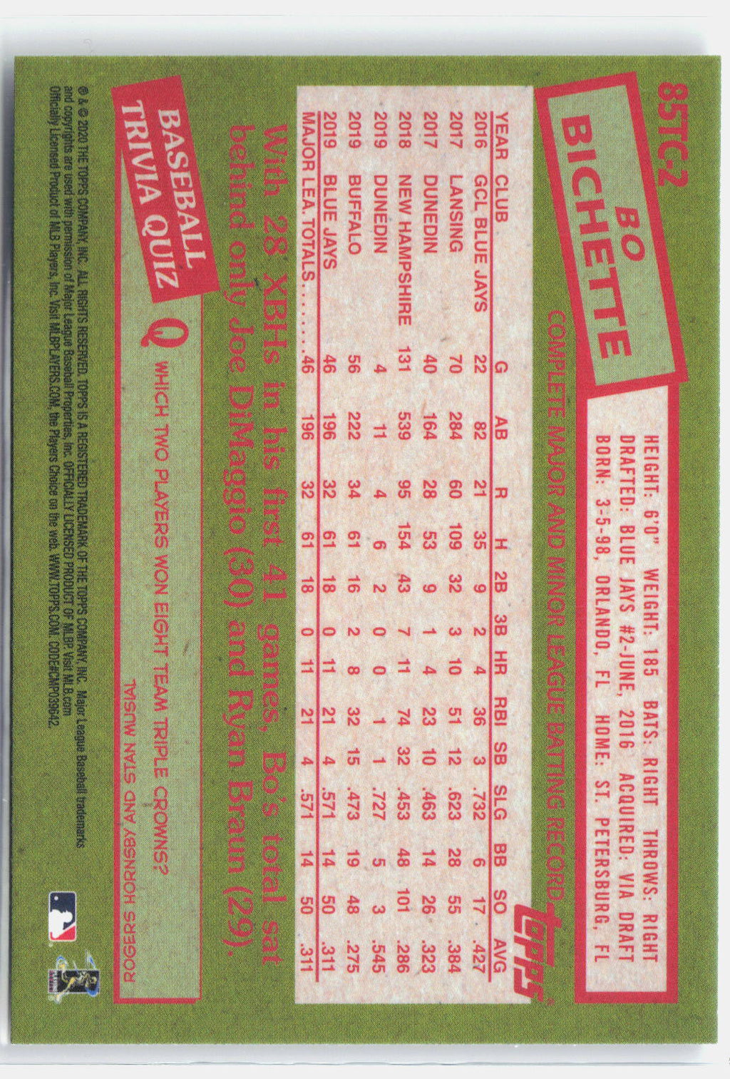 2020 Topps Chrome #85TC-2 Bo Bichette 1985 Topps Baseball