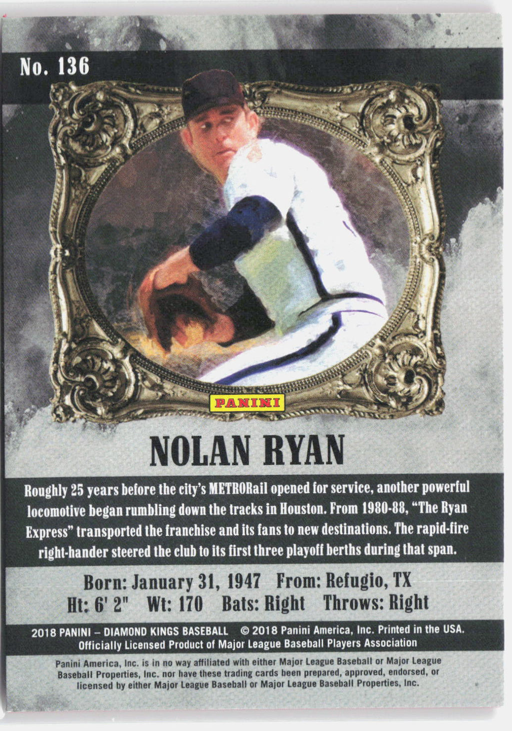 2018 Panini Diamond Kings #136 Nolan Ryan Framed Red : Name - "The Ryan Express"
