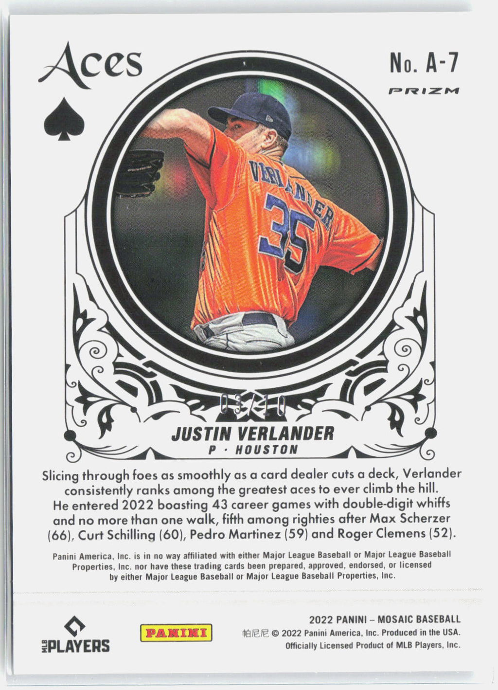 2022 Panini Mosaic #A-7 Justin Verlander Aces Pink Fluorescent Mosaic #/10