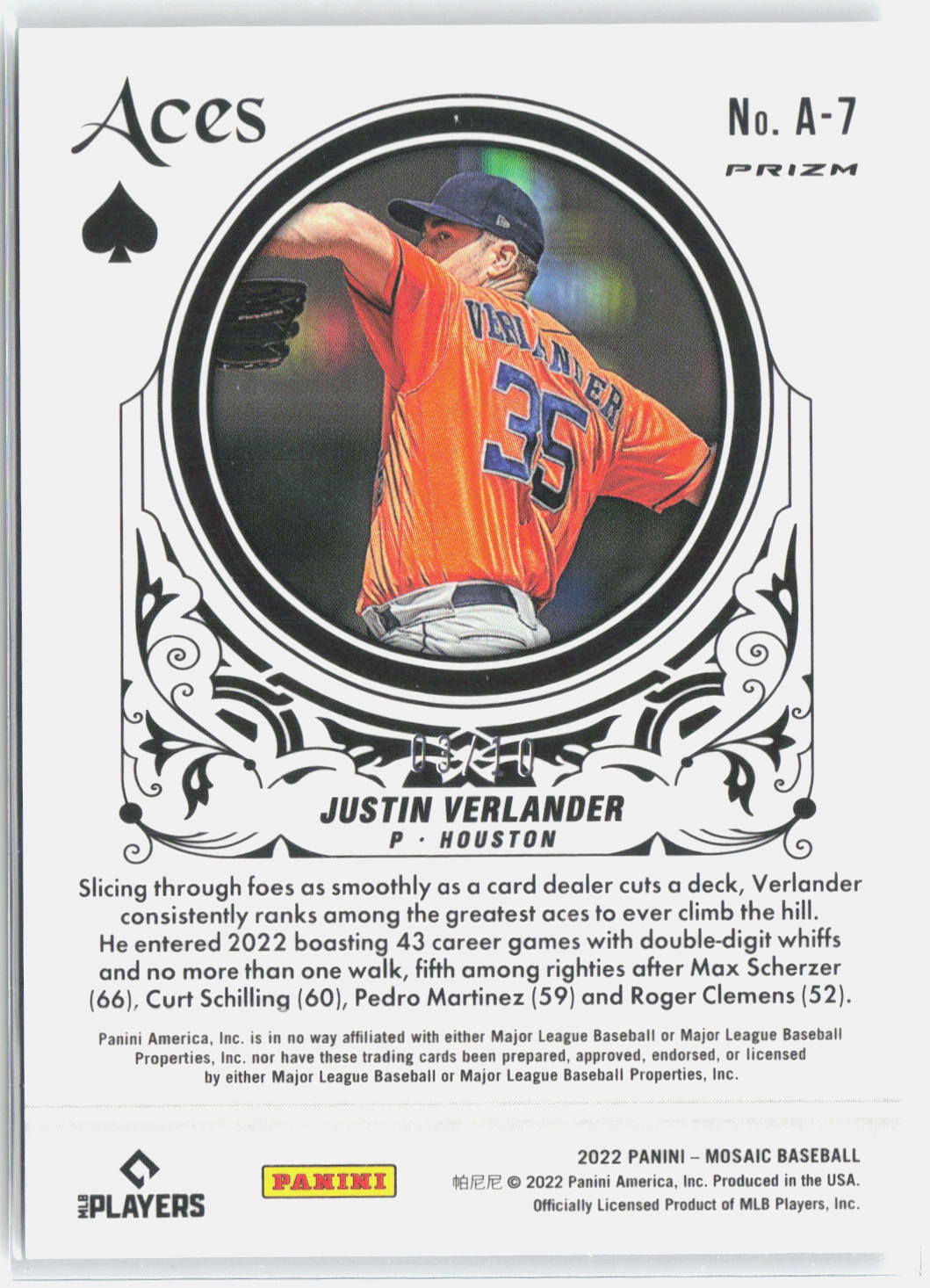 2022 Panini Mosaic #A-7 Justin Verlander Aces Pink Fluorescent Mosaic #/10